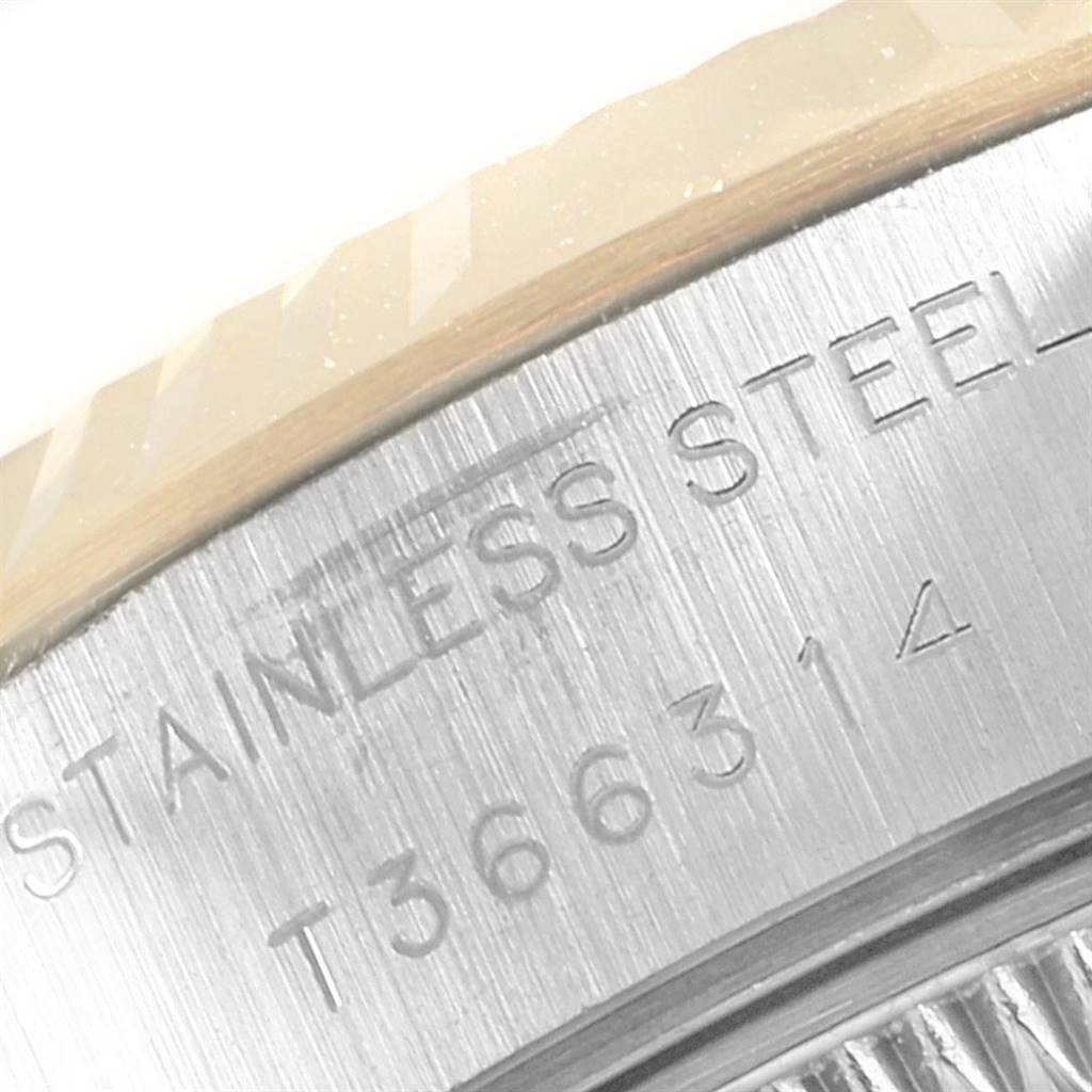 This is a close-up of the stainless steel case back with model number engraving on a Rolex Datejust 69173 Women's Stainless Steel White Dial 69173 Women's Stainless Steel White Dial watch.