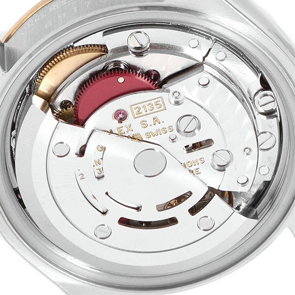 This image shows the inner movement mechanism of a Rolex Datejust 69173 Women's Stainless Steel White Dial 69173 Women's Stainless Steel White Dial watch, focusing on its components from a top-down angle.
