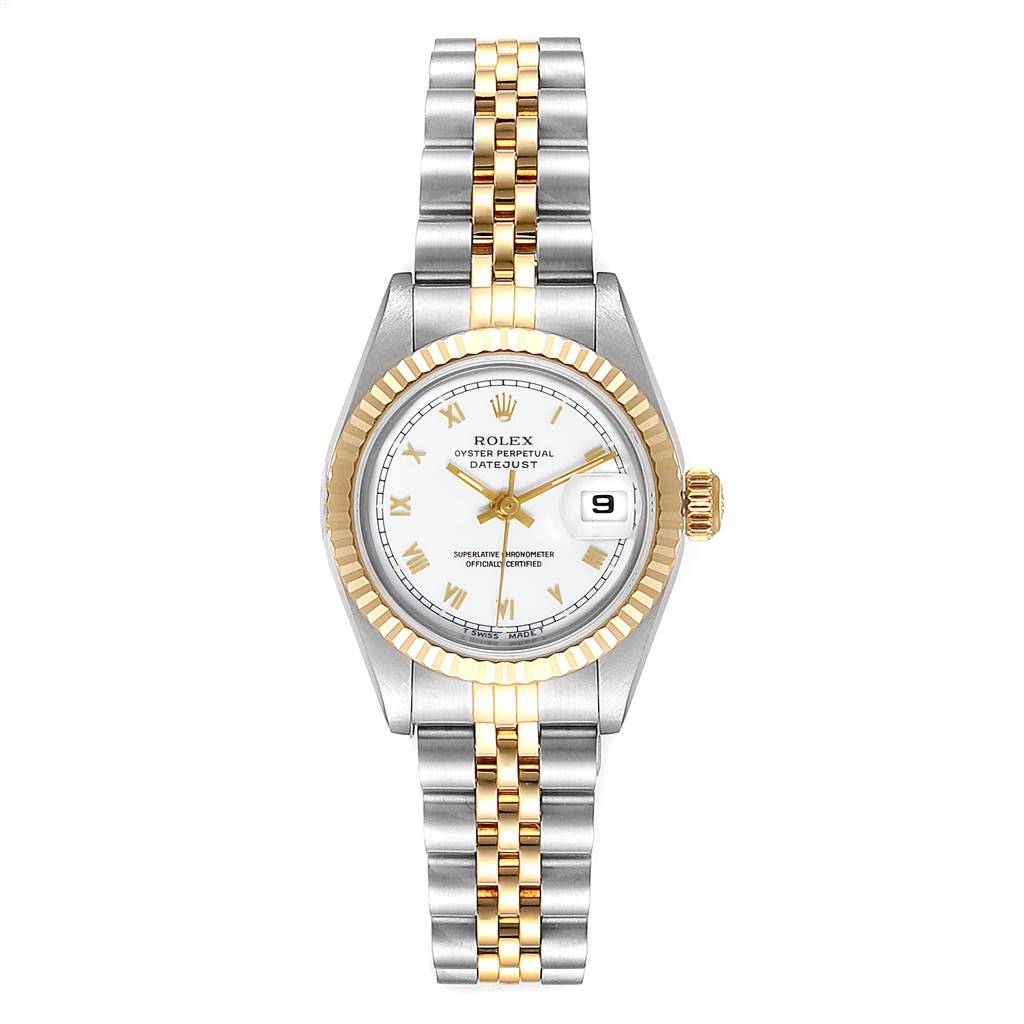 The image shows a front view of a Rolex Datejust 69173 Women's Stainless Steel White Dial 69173 Women's Stainless Steel White Dial watch, highlighting its dial, bracelet, and fluted bezel.
