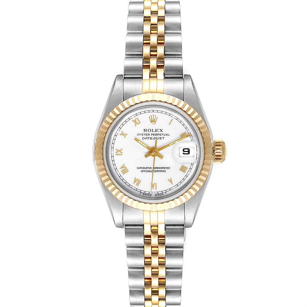 The image shows a full front view of the Rolex Datejust 69173 Women's Stainless Steel White Dial 69173 Women's Stainless Steel White Dial watch, highlighting the dial, bezel, crown, and bracelet.