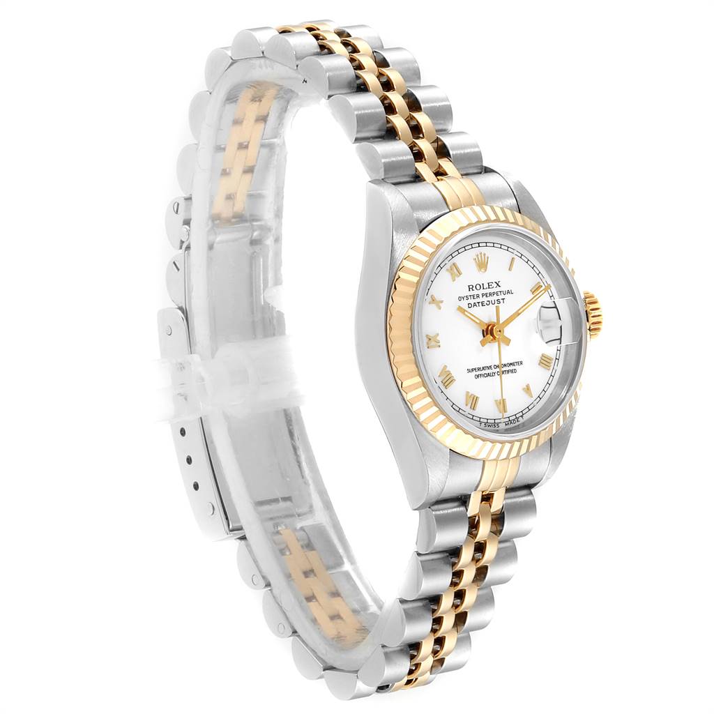 The image shows a side view of a Rolex Datejust 69173 Women's Stainless Steel White Dial 69173 Women's Stainless Steel White Dial watch, highlighting its two-tone bracelet and fluted bezel.