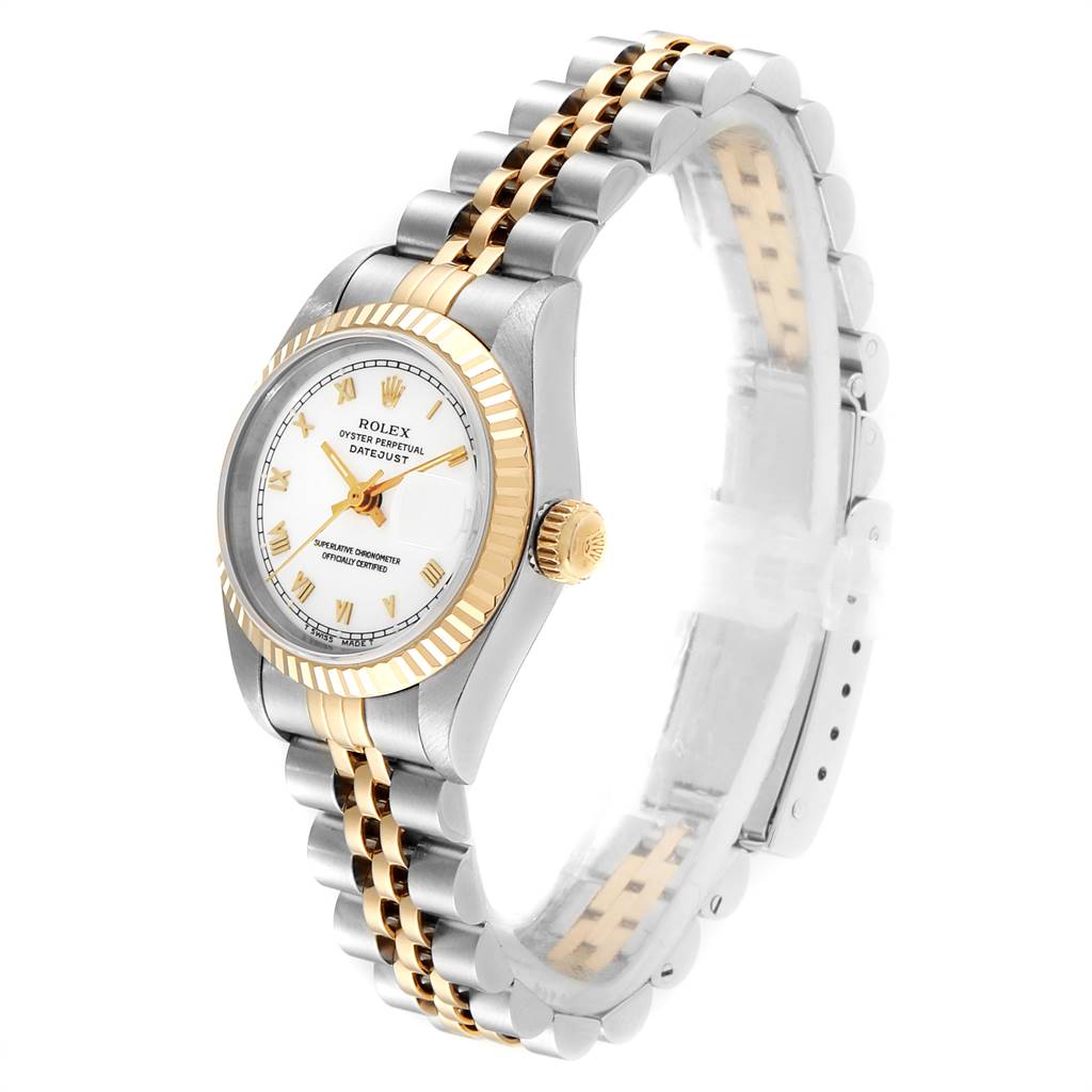 The Rolex Datejust 69173 Women's Stainless Steel White Dial 69173 Women's Stainless Steel White Dial watch is shown at a three-quarter angle, highlighting its face, bezel, crown, and bracelet.