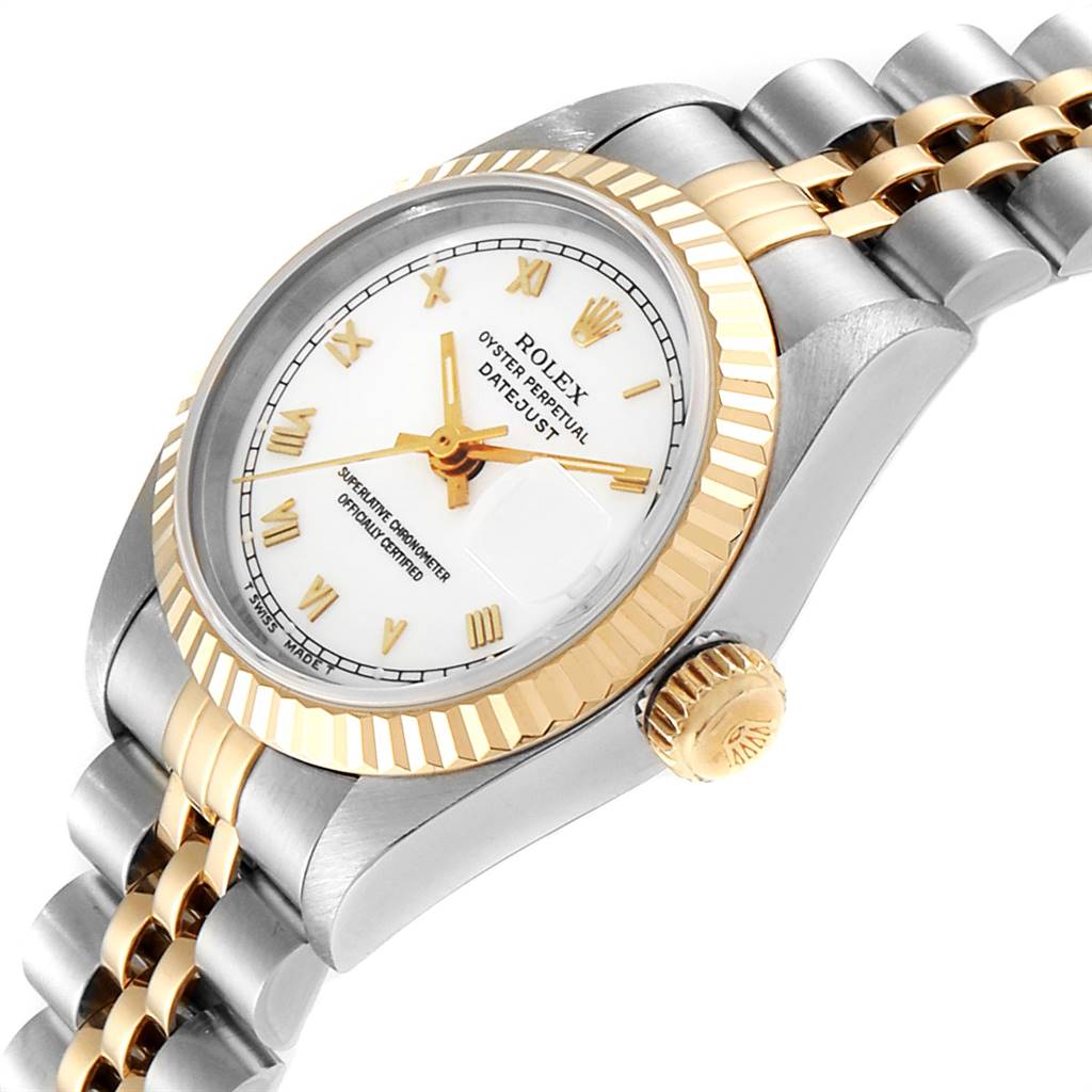The image shows a side view of a Rolex Datejust 69173 Women's Stainless Steel White Dial 69173 Women's Stainless Steel White Dial watch, highlighting the bezel, crown, and part of the two-tone bracelet.