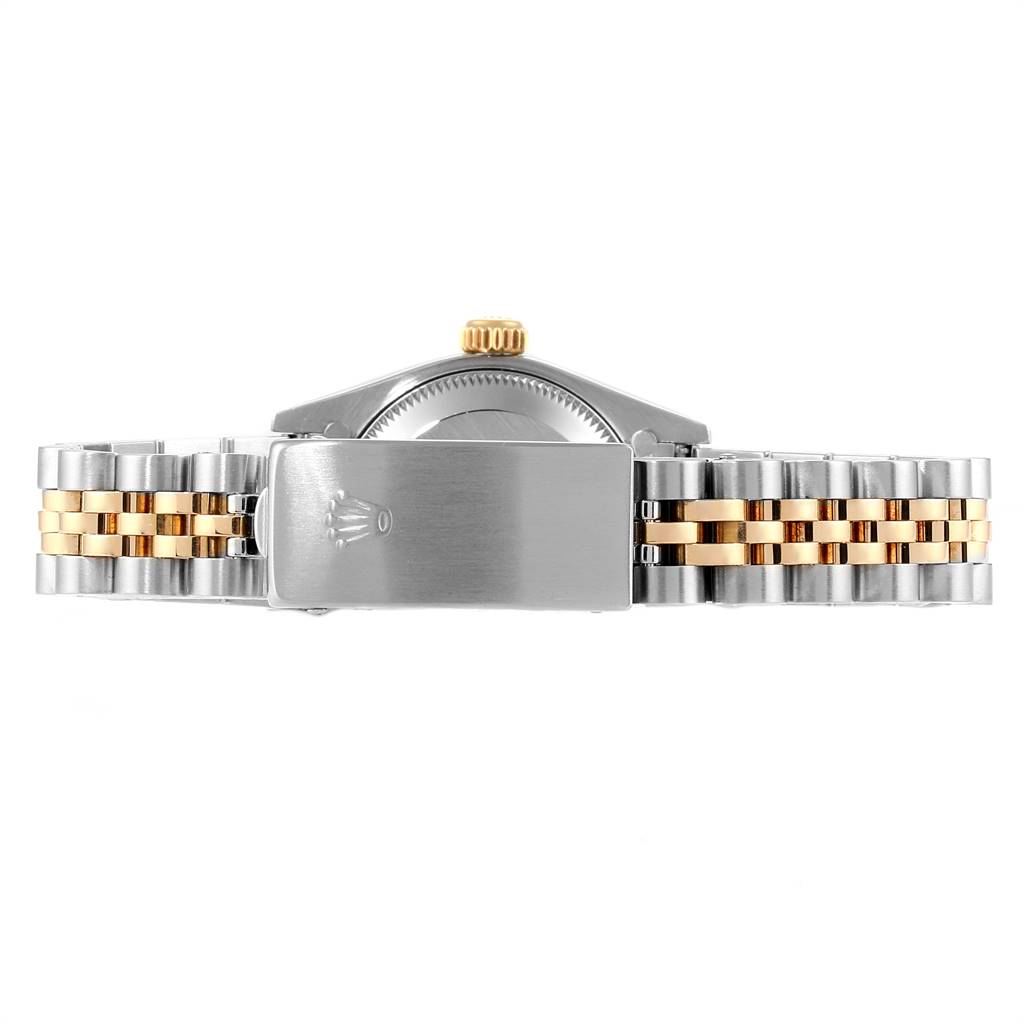 This image shows the back view of the Rolex Datejust 69173 Women's Stainless Steel White Dial 69173 Women's Stainless Steel White Dial watch, focusing on its bracelet and clasp with the Rolex logo.