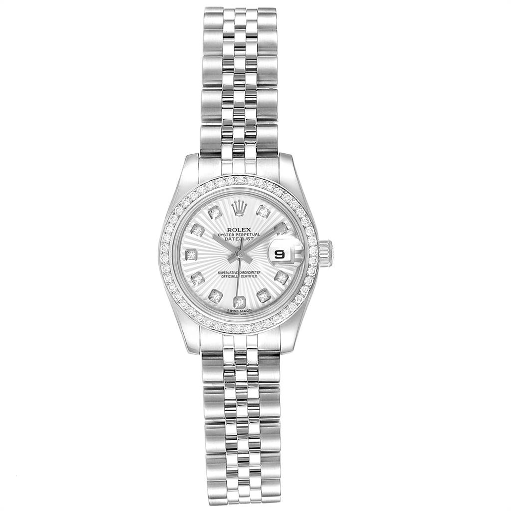 This image shows a Rolex Datejust 179384 Women's Stainless Steel Silver Dial 179384 Women's Stainless Steel Silver Dial watch from a top-down angle, featuring the face, bezel, and bracelet.