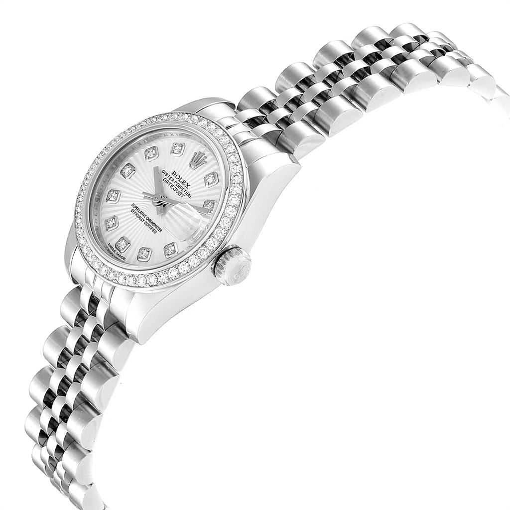 The image shows a Rolex Datejust 179384 Women's Stainless Steel Silver Dial 179384 Women's Stainless Steel Silver Dial watch from an angled view, highlighting the face, bezel, crown, and bracelet.
