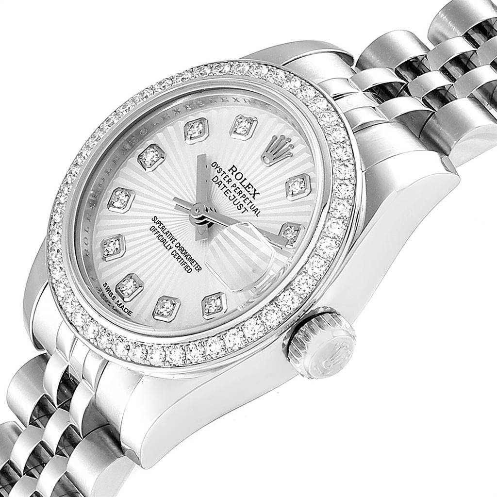 The image shows a high-angle view of a Rolex Datejust 179384 Women's Stainless Steel Silver Dial 179384 Women's Stainless Steel Silver Dial watch, highlighting its diamond bezel, dial, and bracelet.