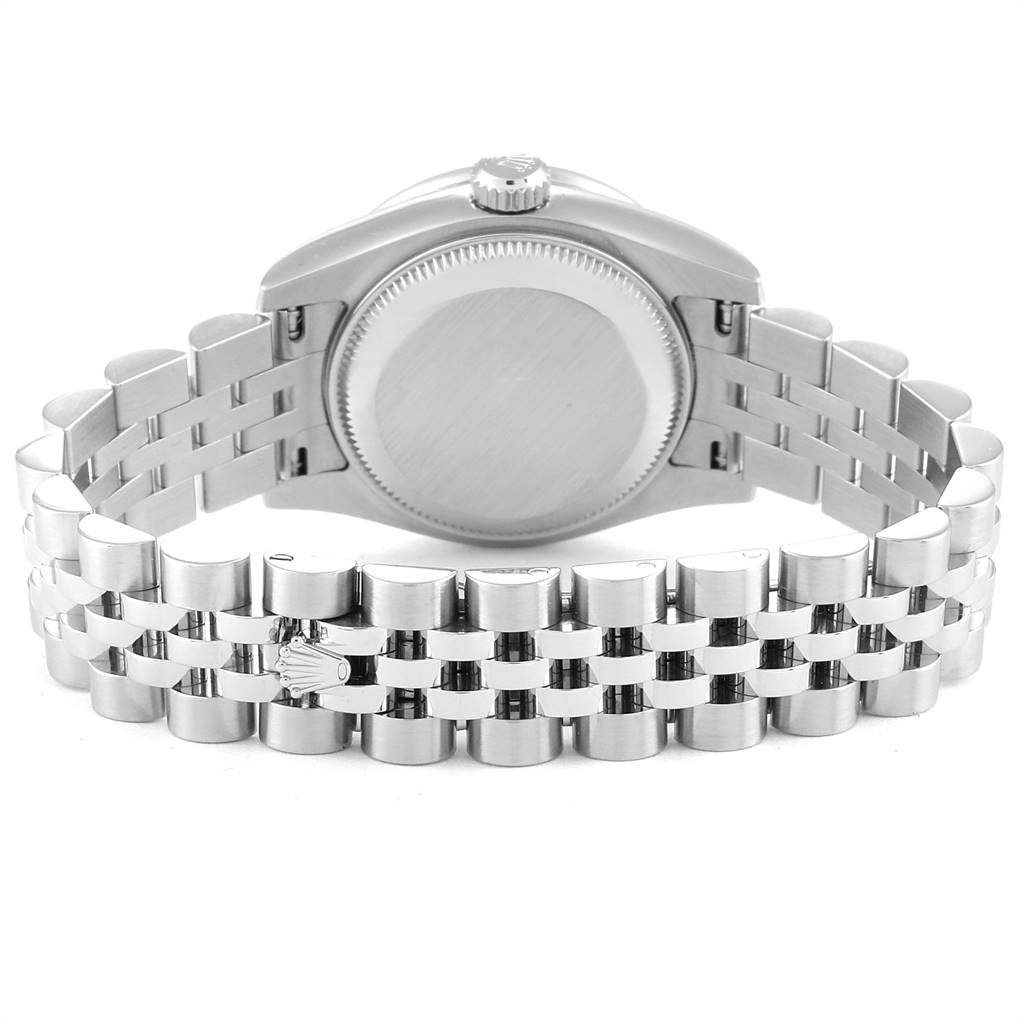 This image shows the back of a Rolex Datejust 179384 Women's Stainless Steel Silver Dial 179384 Women's Stainless Steel Silver Dial watch, highlighting the case and Jubilee bracelet.