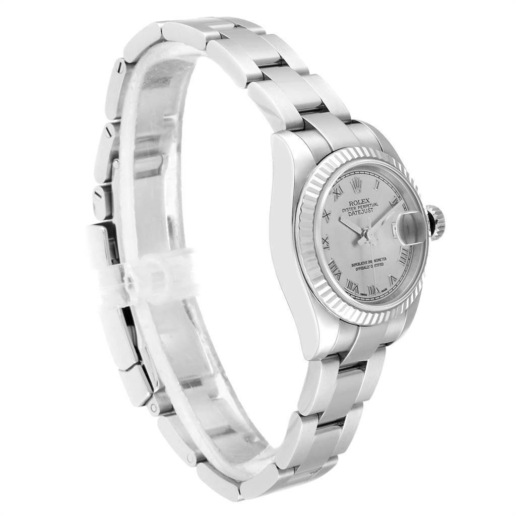 The image shows a side angle view of a Rolex Datejust 179174 Women's Stainless Steel Grey Dial 179174 Women's Stainless Steel Grey Dial watch, highlighting the bracelet, bezel, and part of the dial.