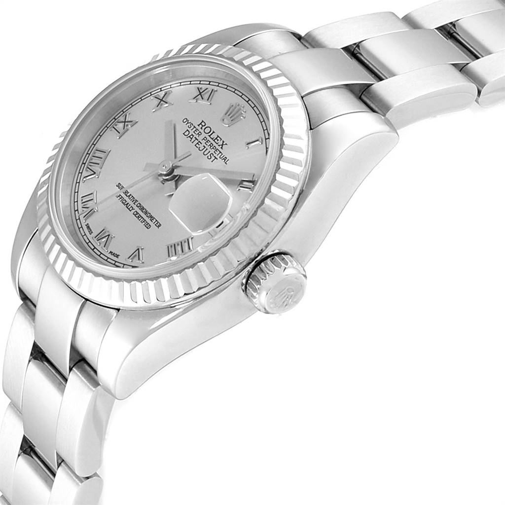 This image shows a side profile of a Rolex Datejust 179174 Women's Stainless Steel Grey Dial 179174 Women's Stainless Steel Grey Dial watch, highlighting the dial, crown, and bracelet.