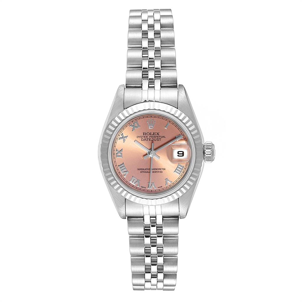 The image shows a front view of a Rolex Datejust 79174 Women's Stainless Steel Pink Dial 79174 Women's Stainless Steel Pink Dial watch, featuring a pink dial, date window, and Jubilee bracelet.