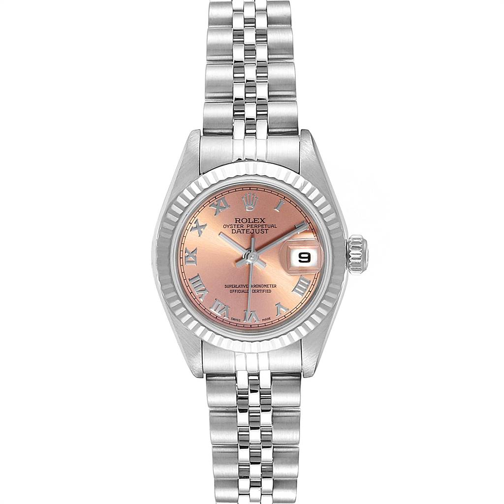 This image shows a front-view angle of a Rolex Datejust 79174 Women's Stainless Steel Pink Dial 79174 Women's Stainless Steel Pink Dial watch, displaying its dial, bezel, case, and bracelet.