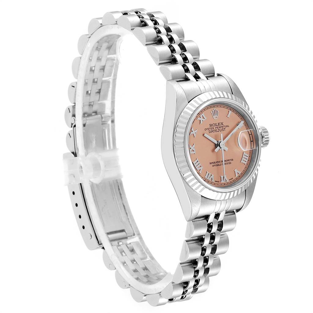 The image shows a side view of the Rolex Datejust 79174 Women's Stainless Steel Pink Dial 79174 Women's Stainless Steel Pink Dial watch, highlighting its bracelet, case, and dial.