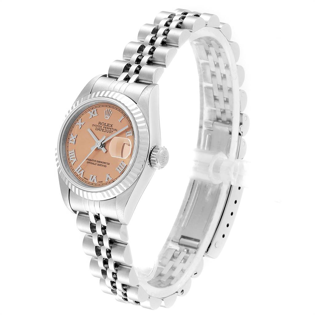 The image shows a Rolex Datejust 79174 Women's Stainless Steel Pink Dial 79174 Women's Stainless Steel Pink Dial watch from a side angle, highlighting the face, crown, and bracelet.