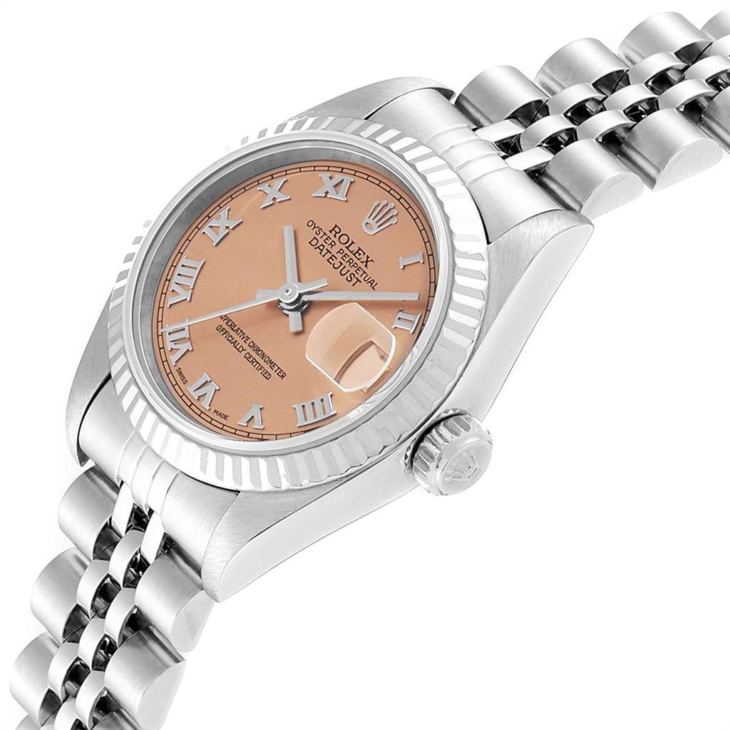 The image shows a Rolex Datejust 79174 Women's Stainless Steel Pink Dial 79174 Women's Stainless Steel Pink Dial watch at an angled side view, highlighting the face, bezel, crown, and part of the bracelet.