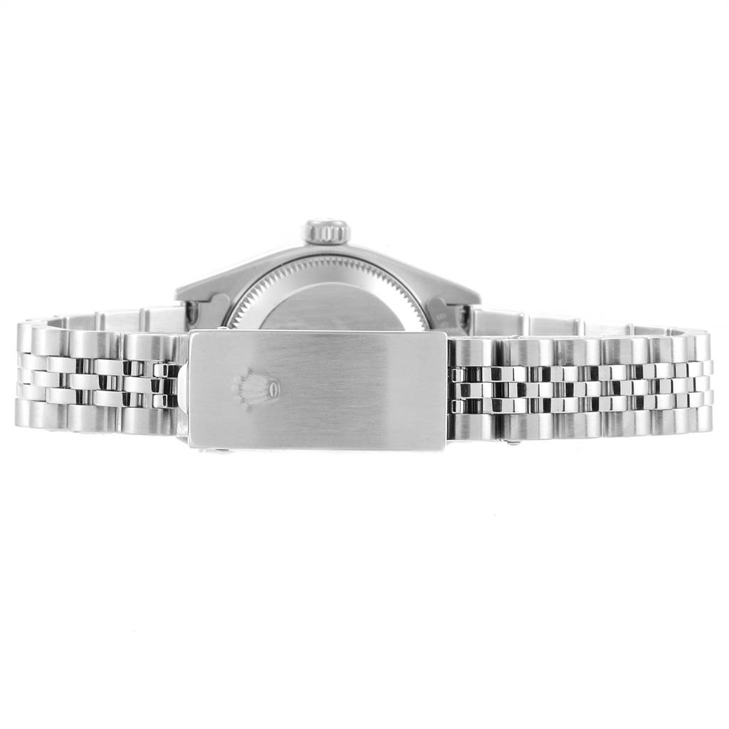 This image shows a rear view of the clasp and part of the bracelet of a Rolex Datejust 79174 Women's Stainless Steel Pink Dial 79174 Women's Stainless Steel Pink Dial watch.