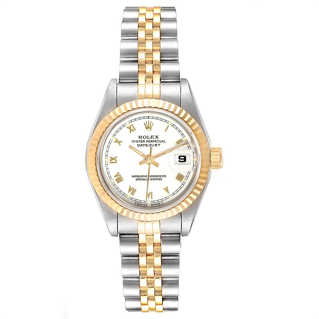 This image shows a front view of a Rolex Datejust 69173 Women
s Stainless Steel White Dial 69173 Women
s Stainless Steel White Dial watch displaying its dial, fluted bezel, and Jubilee bracelet.