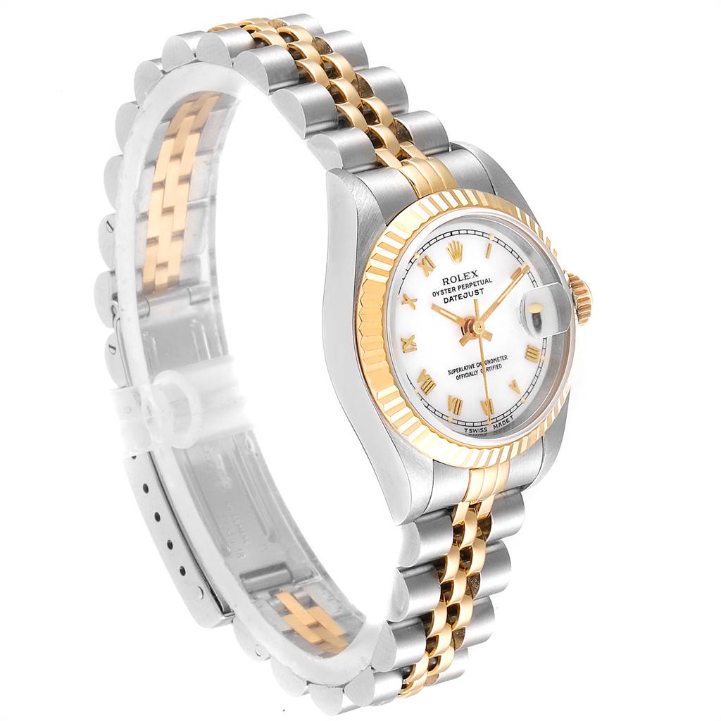 This image shows a Rolex Datejust 69173 Women
s Stainless Steel White Dial 69173 Women
s Stainless Steel White Dial watch from a 3/4 angle, highlighting its dial, bezel, crown, and two-tone jubilee bracelet.