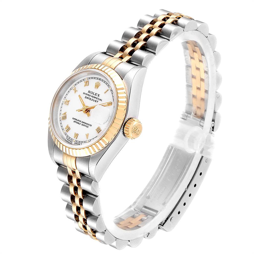 The image shows a Rolex Datejust 69173 Women
s Stainless Steel White Dial 69173 Women
s Stainless Steel White Dial watch angled from the front-right side, highlighting its face, bezel, and Jubilee bracelet.