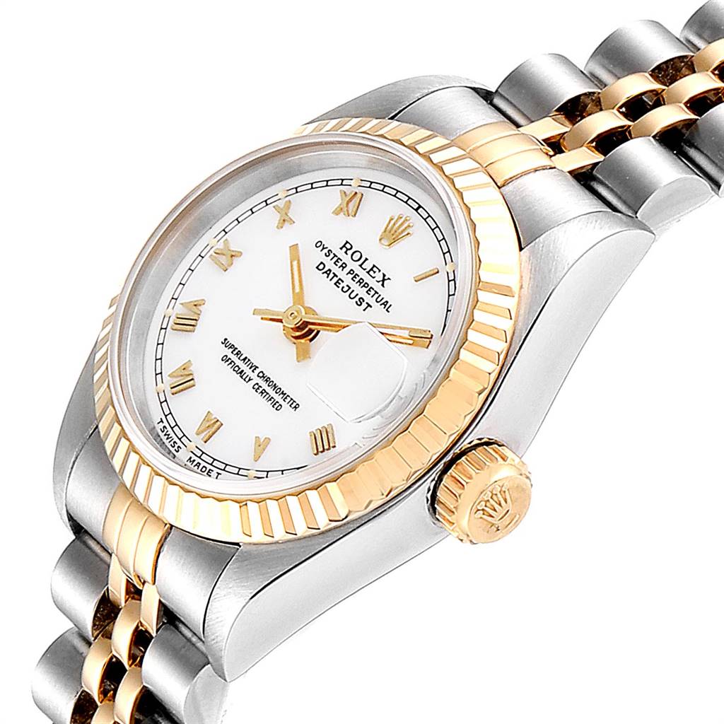 The image shows a close-up angled view of the Rolex Datejust 69173 Women
s Stainless Steel White Dial 69173 Women
s Stainless Steel White Dial watch, highlighting the face, bezel, crown, and part of the bracelet.