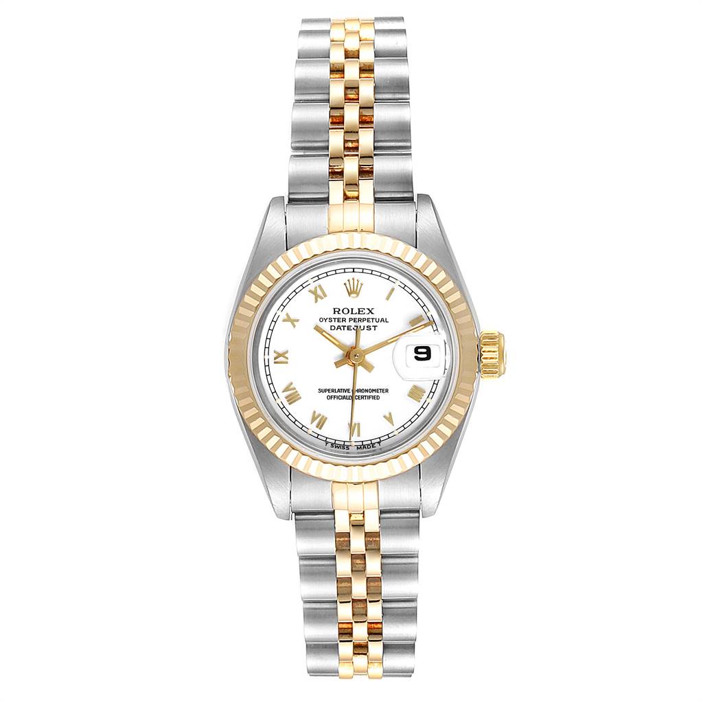 The image shows the front view of a Rolex Datejust 69173 Women's Stainless Steel White Dial 69173 Women's Stainless Steel White Dial watch, highlighting its dial, bezel, and two-tone bracelet.