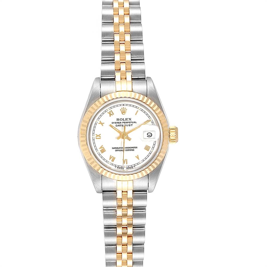This image shows a Rolex Datejust 69173 Women's Stainless Steel White Dial 69173 Women's Stainless Steel White Dial watch from a front angle, highlighting the dial, bezel, and two-tone bracelet.
