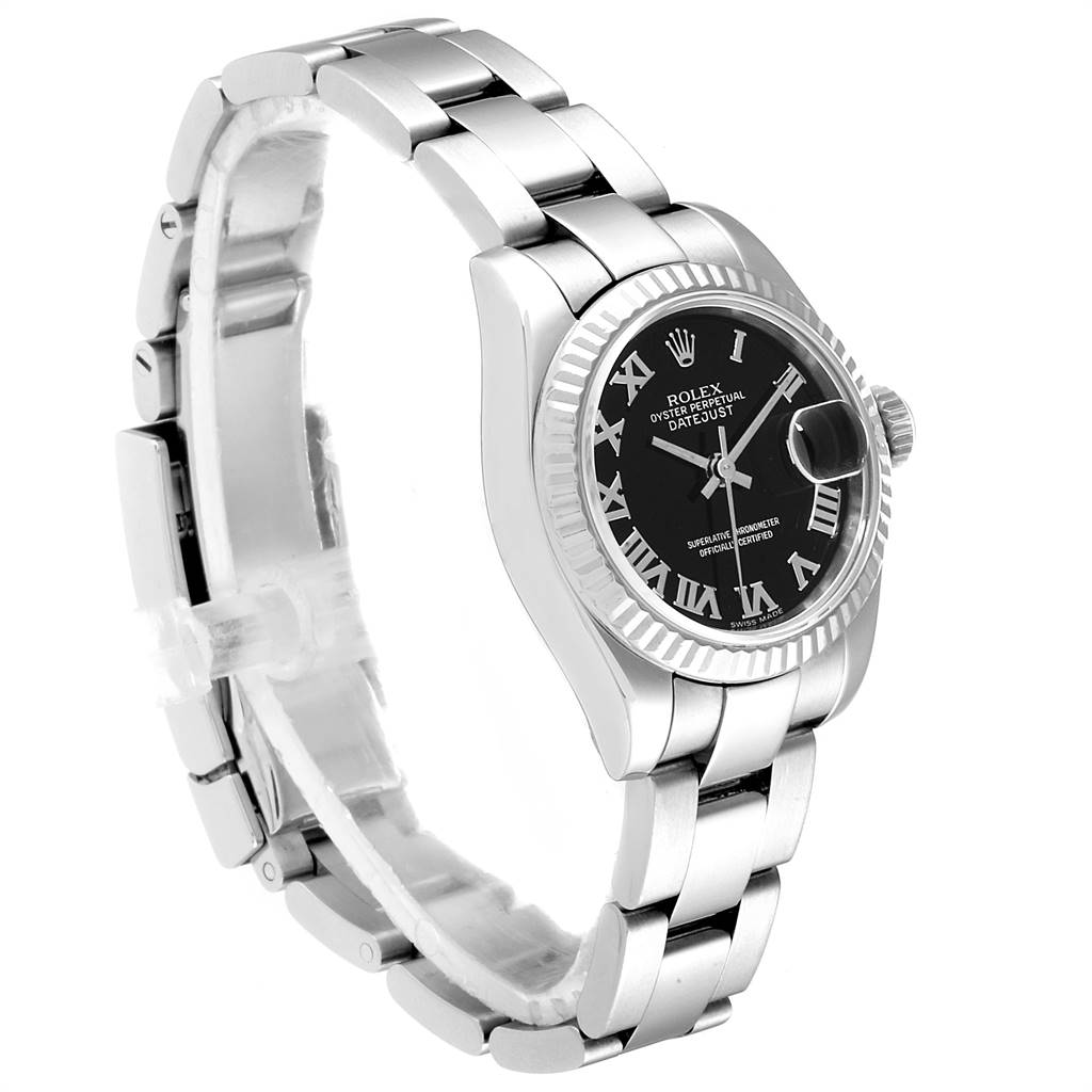 The image shows a side angle of a Rolex Datejust 179174 Women's Stainless Steel Black Dial 179174 Women's Stainless Steel Black Dial watch, highlighting the bracelet, case, and dial with Roman numerals.