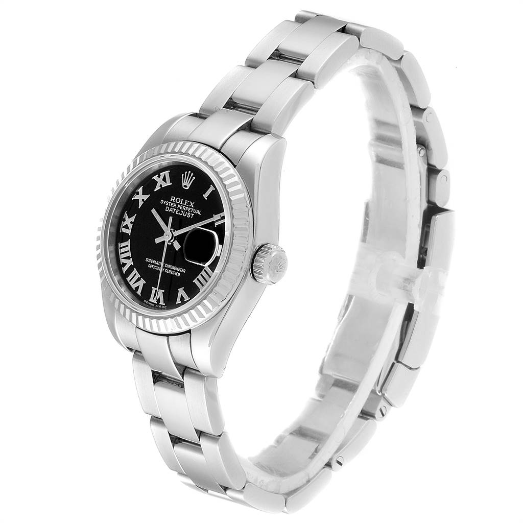 The Rolex Datejust 179174 Women's Stainless Steel Black Dial 179174 Women's Stainless Steel Black Dial watch is shown at a slightly angled side-view, emphasizing the bracelet, crown, and bezel.