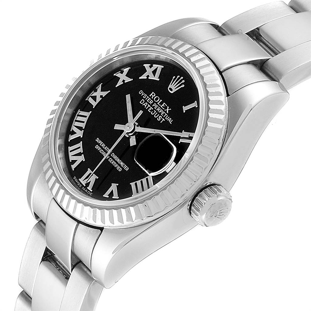 The Rolex Datejust 179174 Women's Stainless Steel Black Dial 179174 Women's Stainless Steel Black Dial watch is shown from a side angle, highlighting the black dial, fluted bezel, and bracelet.