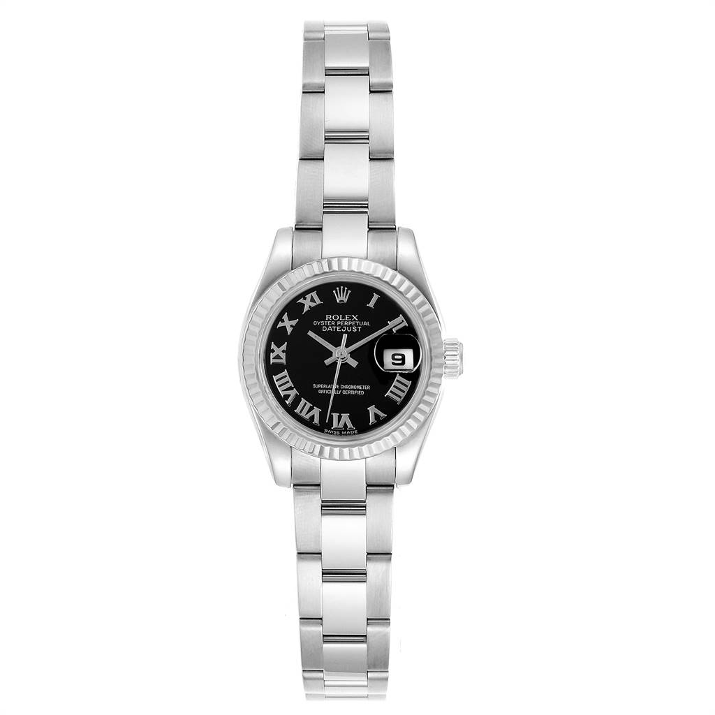 The image shows a frontal view of a Rolex Datejust 179174 Women's Stainless Steel Black Dial 179174 Women's Stainless Steel Black Dial watch, highlighting its face, bezel, and bracelet.