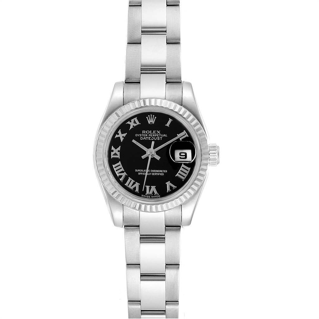 This image shows a front view of a Rolex Datejust 179174 Women's Stainless Steel Black Dial 179174 Women's Stainless Steel Black Dial watch, highlighting its dial, bezel, bracelet, and date window.