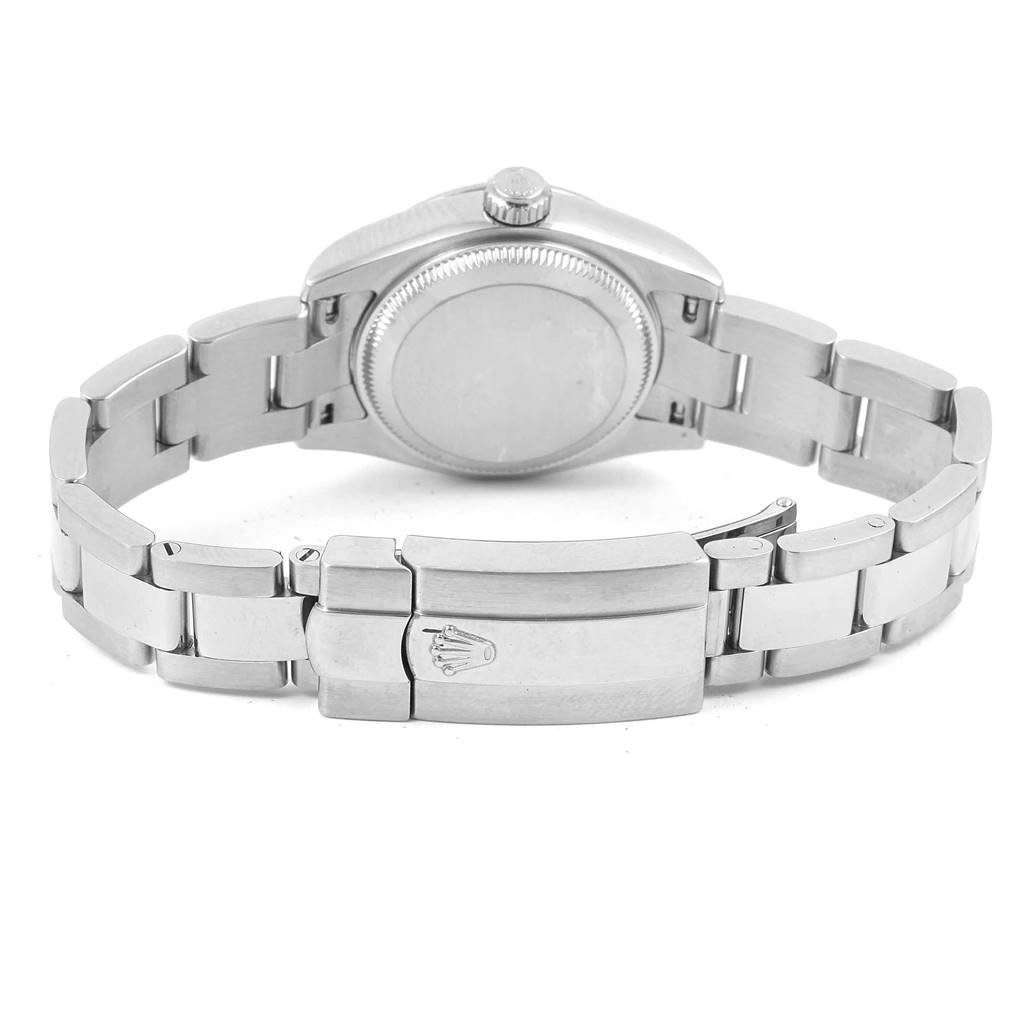 The image shows the back and bracelet of a Rolex Datejust 179174 Women's Stainless Steel Black Dial 179174 Women's Stainless Steel Black Dial watch, angled to display the clasp and case back.