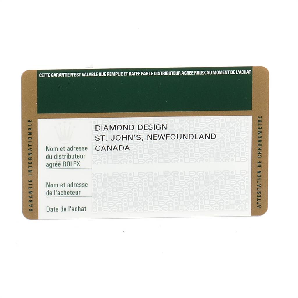 This is a warranty card for a Rolex Datejust 179173 Women's Steel and Gold (two tone) White Dial 179173 Women's Steel and Gold (two tone) White Dial watch, displaying the retailer's name, location, and purchase details.