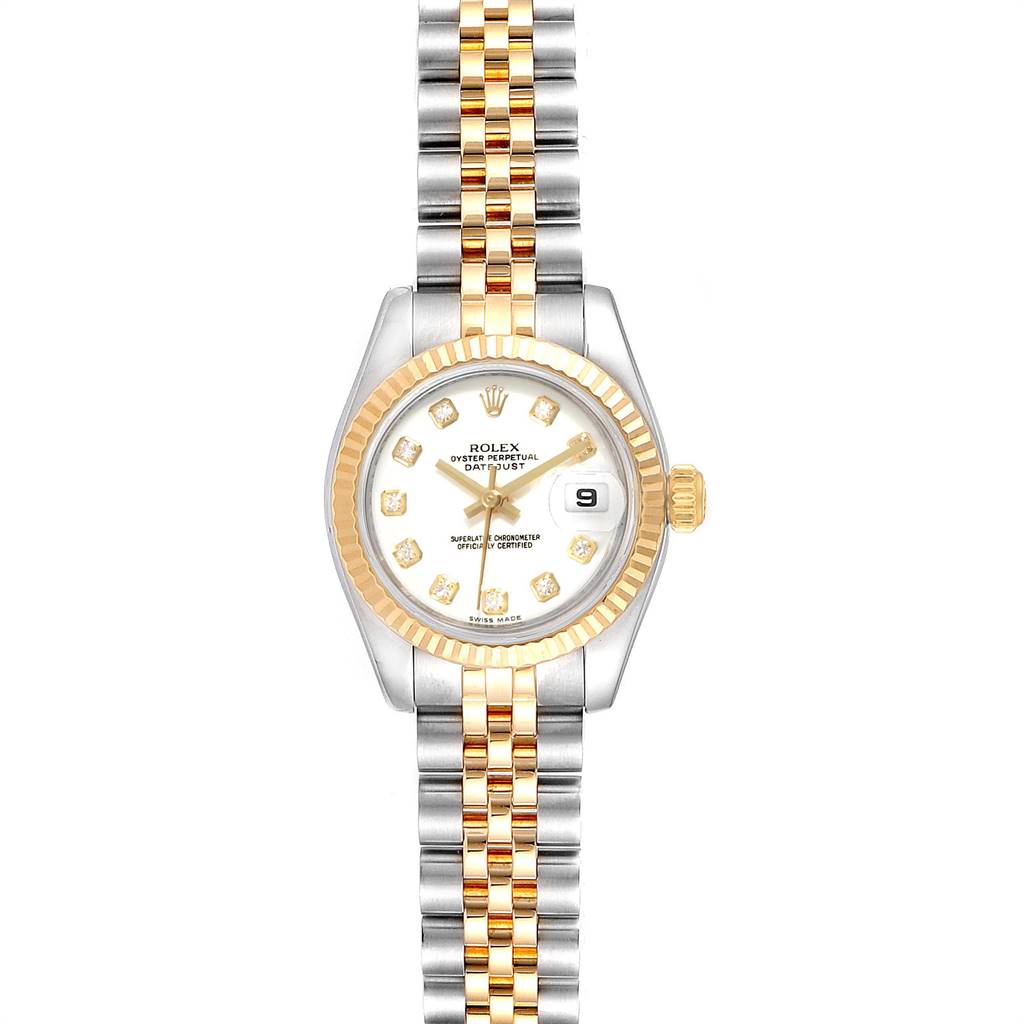 The image shows a front view of a Rolex Datejust 179173 Women's Steel and Gold (two tone) White Dial 179173 Women's Steel and Gold (two tone) White Dial watch, highlighting its bracelet, dial, hands, and date window.