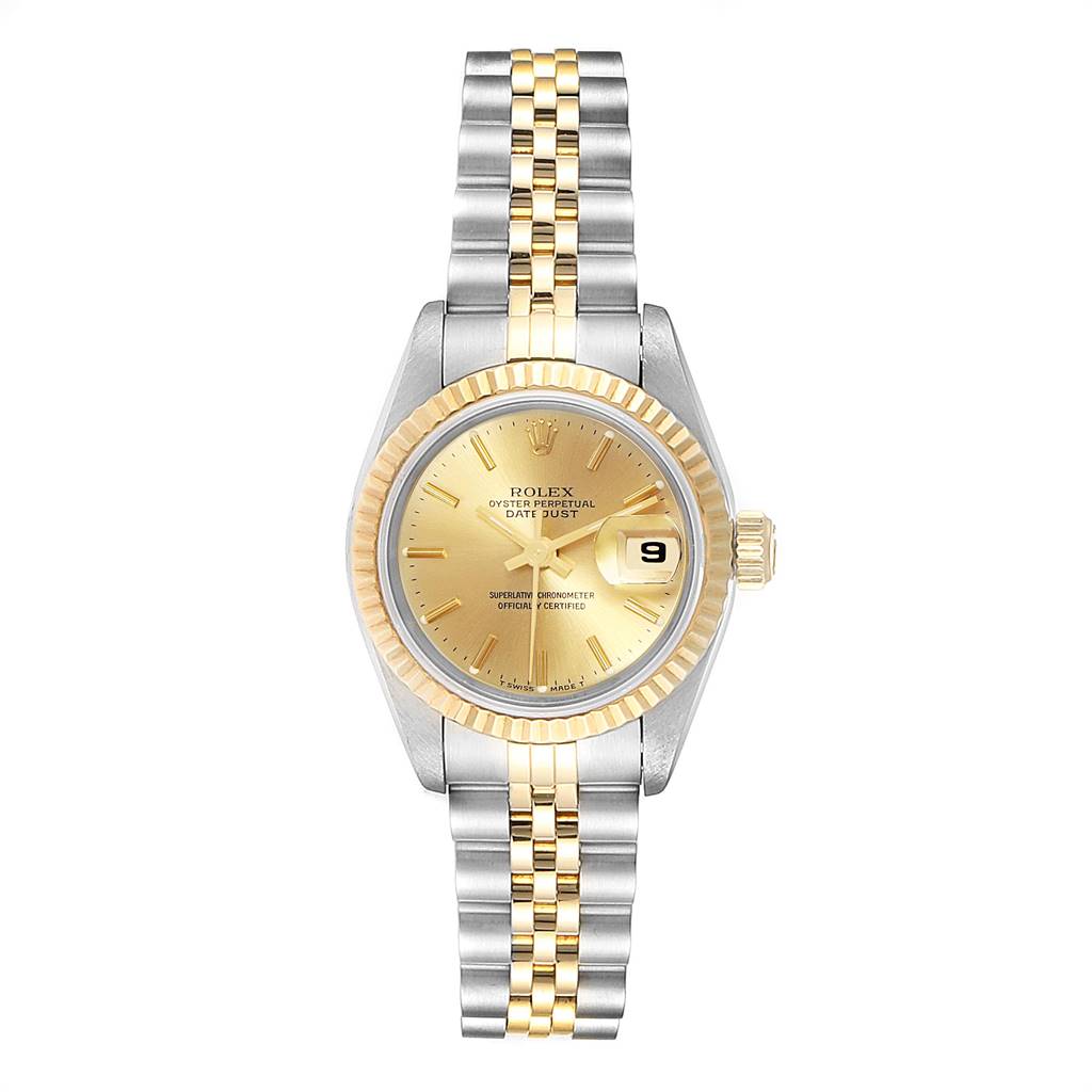 This image shows a Rolex Datejust 69173 Women's Steel and Gold (two tone) Champagne Dial 69173 Women's Steel and Gold (two tone) Champagne Dial watch from a top-down angle, featuring a two-tone bracelet, fluted bezel, and date function.
