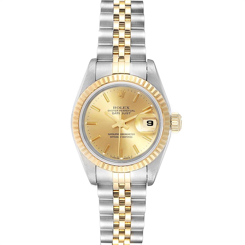 The image shows a Rolex Datejust 69173 Women's Steel and Gold (two tone) Champagne Dial 69173 Women's Steel and Gold (two tone) Champagne Dial watch from a straight-on angle, highlighting the dial, bezel, and bracelet.