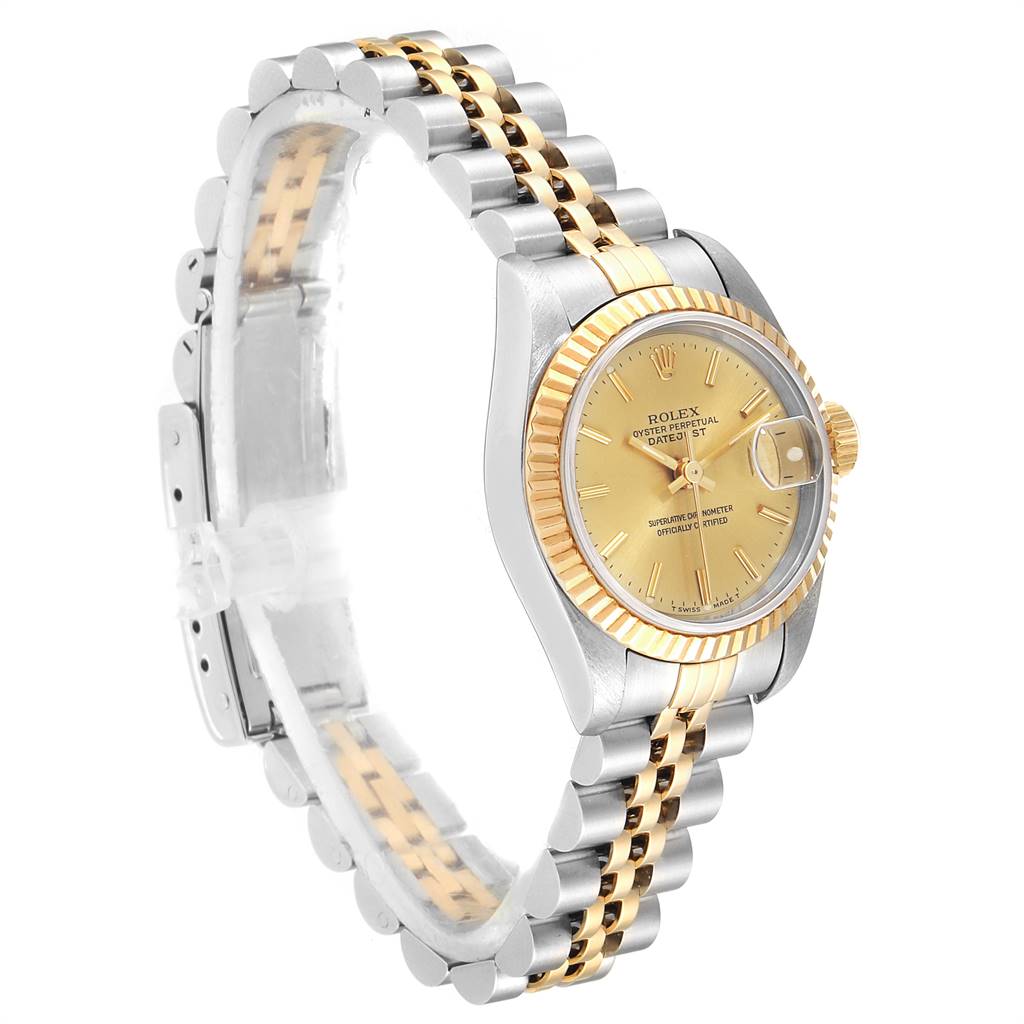 The image shows a Rolex Datejust 69173 Women's Steel and Gold (two tone) Champagne Dial 69173 Women's Steel and Gold (two tone) Champagne Dial watch angled to display its face, bezel, and two-tone bracelet.