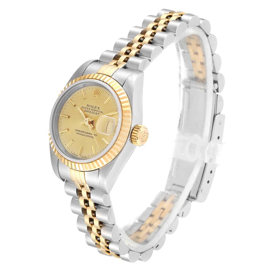 This image shows a Rolex Datejust 69173 Women's Steel and Gold (two tone) Champagne Dial 69173 Women's Steel and Gold (two tone) Champagne Dial watch at an angle highlighting the face, bezel, crown, and two-tone bracelet.