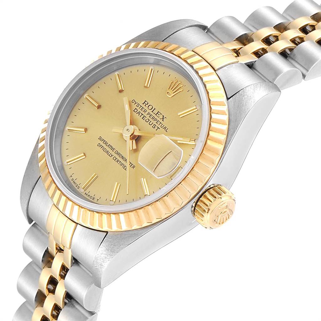 This image shows a Rolex Datejust 69173 Women's Steel and Gold (two tone) Champagne Dial 69173 Women's Steel and Gold (two tone) Champagne Dial watch at an angled view, highlighting the face, fluted bezel, and two-tone Jubilee bracelet.
