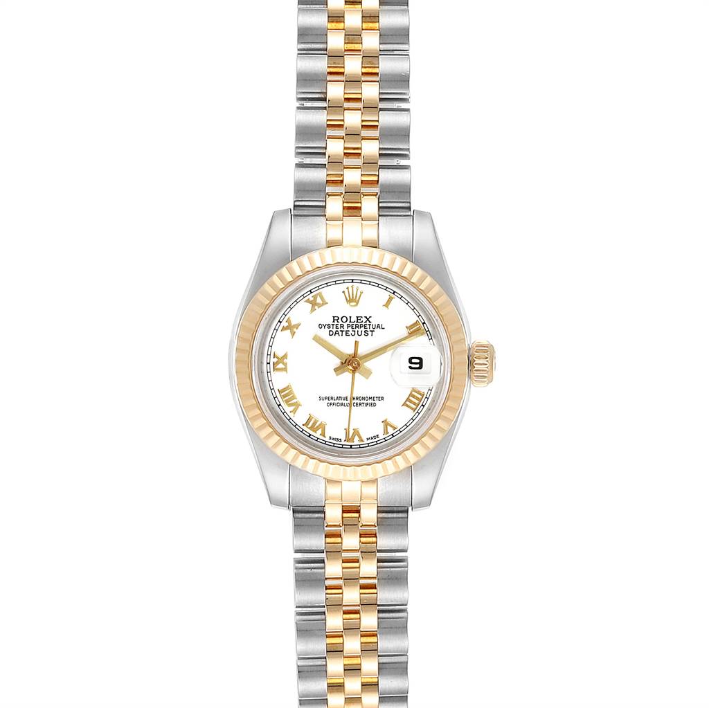 The image shows a Rolex Datejust 179173 Women's Steel and Gold (two tone) White Dial 179173 Women's Steel and Gold (two tone) White Dial watch from a top-down angle, highlighting its face, bezel, and two-tone bracelet.