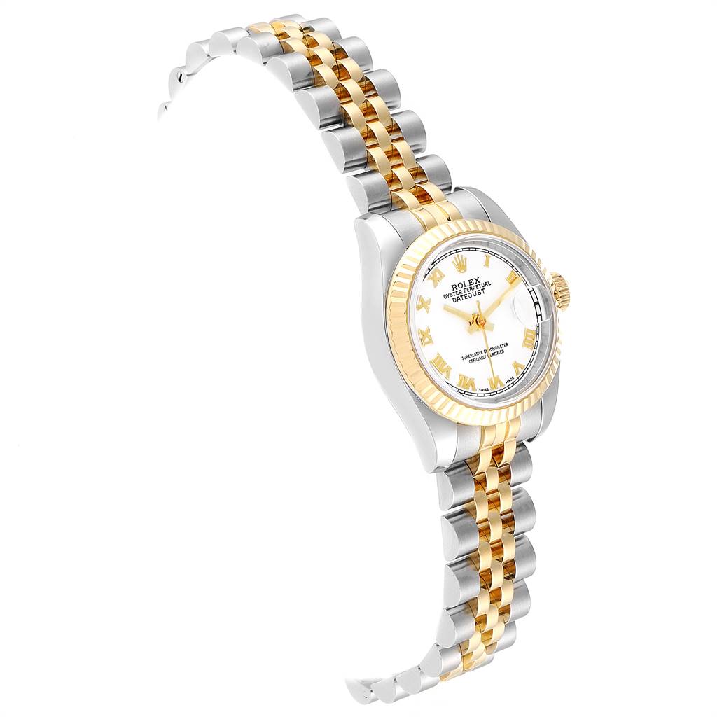 The Rolex Datejust 179173 Women's Steel and Gold (two tone) White Dial 179173 Women's Steel and Gold (two tone) White Dial watch is shown at a slight angle, displaying the dial, bezel, and part of the bracelet.