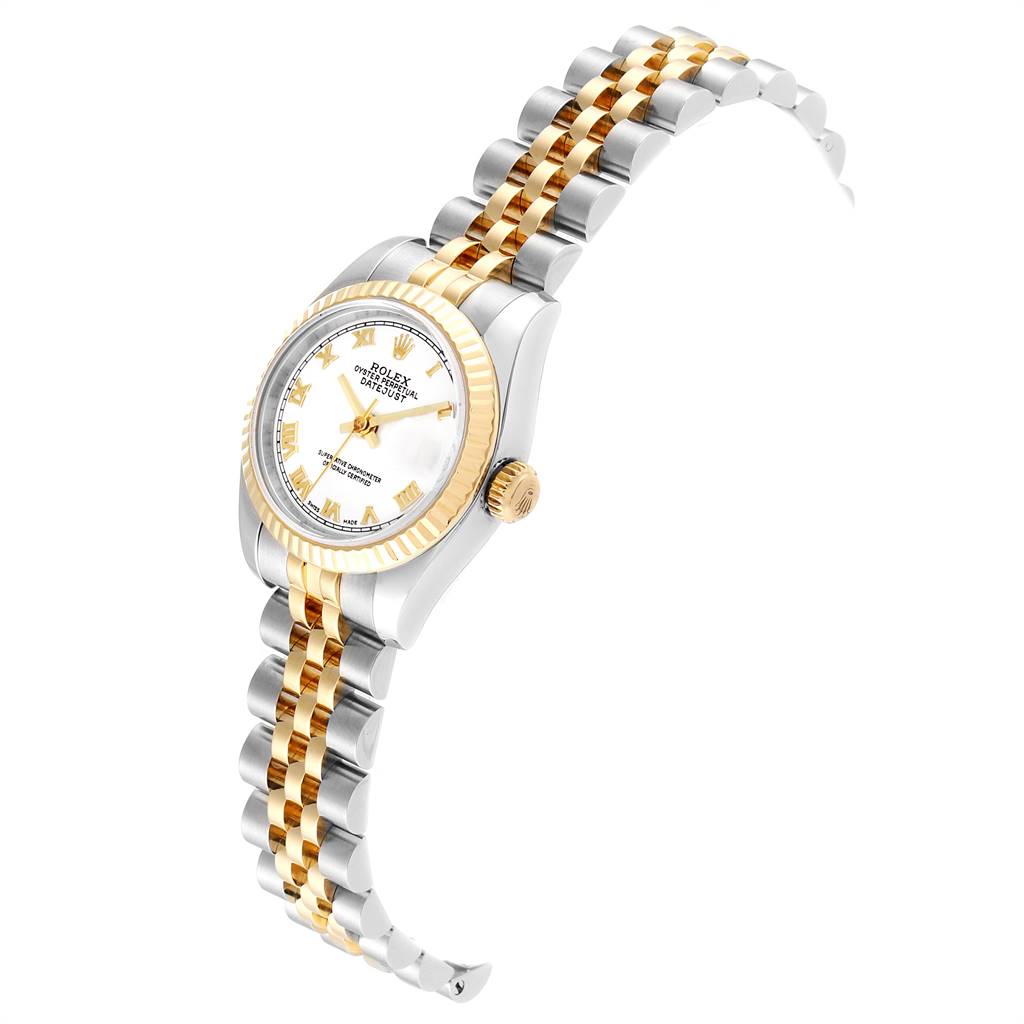 The Rolex Datejust 179173 Women's Steel and Gold (two tone) White Dial 179173 Women's Steel and Gold (two tone) White Dial watch is shown at an angled view, highlighting the dial, bezel, crown, and two-tone bracelet.