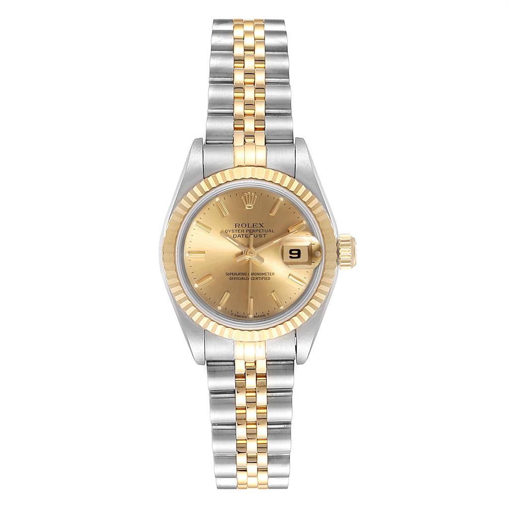This image shows a Rolex Datejust 69173 Women's Stainless Steel Champagne Dial 69173 Women's Stainless Steel Champagne Dial watch from a top-down angle, featuring the face, bezel, crown, and bracelet.