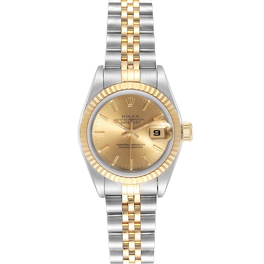 This image shows the front view of a Rolex Datejust 69173 Women's Stainless Steel Champagne Dial 69173 Women's Stainless Steel Champagne Dial watch with a gold and silver jubilee bracelet and champagne dial.