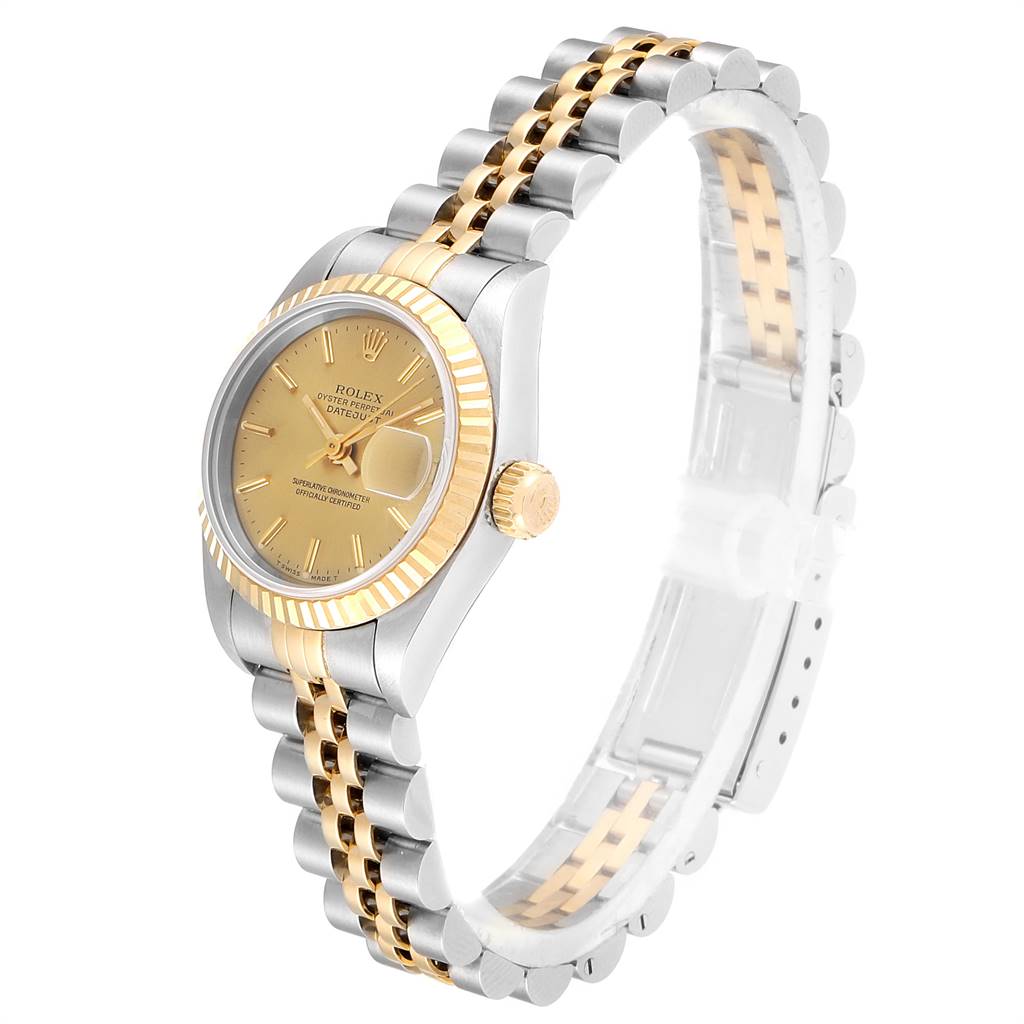 The Rolex Datejust 69173 Women's Stainless Steel Champagne Dial 69173 Women's Stainless Steel Champagne Dial watch is shown at a three-quarter angle featuring its gold dial, fluted bezel, and two-tone bracelet.