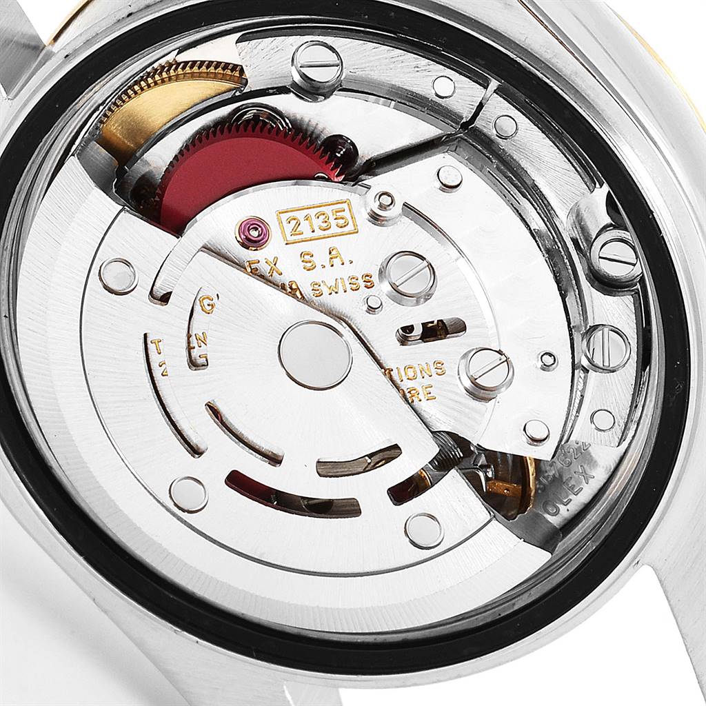 This image shows the movement mechanism of a Rolex Datejust 69173 Women's Stainless Steel Silver Dial 69173 Women's Stainless Steel Silver Dial watch from a case-back view.