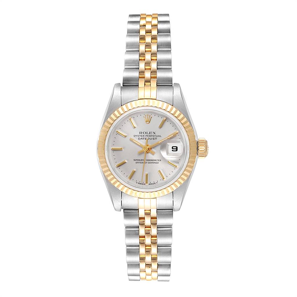 The image shows a Rolex Datejust 69173 Women's Stainless Steel Silver Dial 69173 Women's Stainless Steel Silver Dial watch from a top-down angle, highlighting its dial, bezel, and Jubilee bracelet.