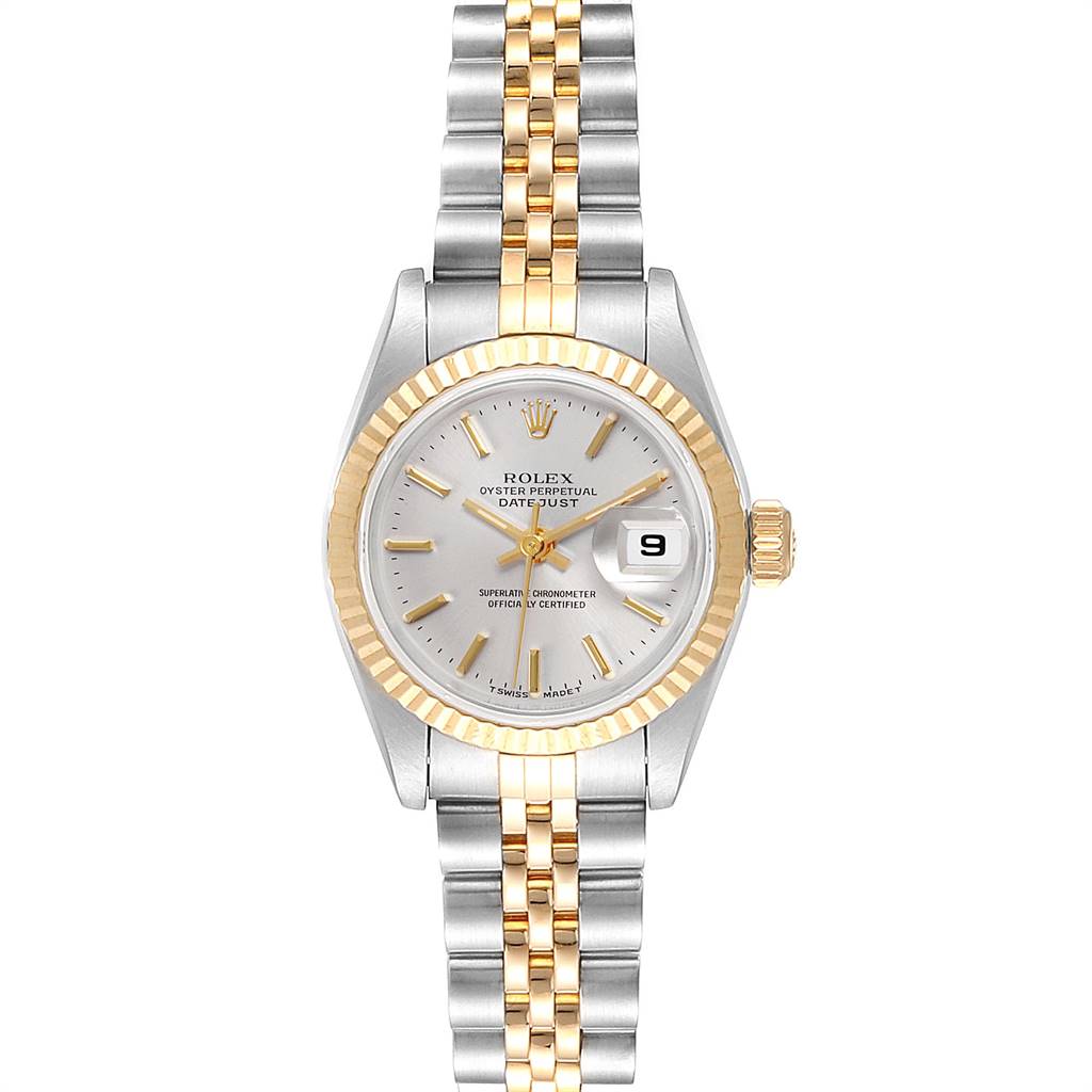The image shows a front view of a Rolex Datejust 69173 Women's Stainless Steel Silver Dial 69173 Women's Stainless Steel Silver Dial watch, highlighting the dial, bezel, bracelet, and date display.