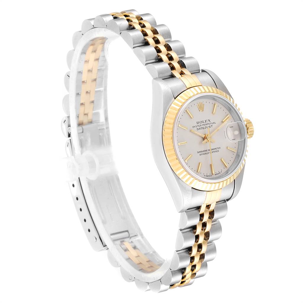 The image shows a Rolex Datejust 69173 Women's Stainless Steel Silver Dial 69173 Women's Stainless Steel Silver Dial watch at an angle displaying the face, case, bezel, crown, and two-tone Jubilee bracelet.
