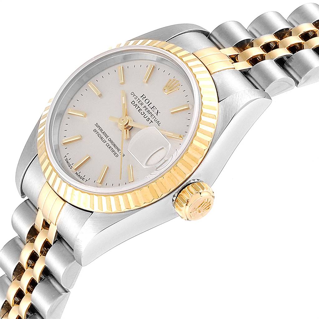 The image shows a side angle of a Rolex Datejust 69173 Women's Stainless Steel Silver Dial 69173 Women's Stainless Steel Silver Dial watch, highlighting the dial, bezel, crown, and part of the bracelet.